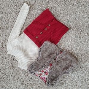 Girls Faux Fur Vest with Cream Sweater and Red Knit Skirt size 5/6